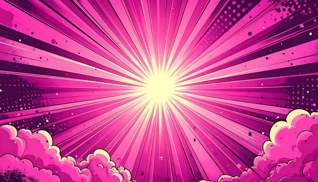 Retro pixel art sunburst with pink clouds and light rays, comic book style.