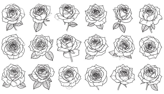 Set of hand drawn rose outlines, delicate floral elements, simple sketch design, perfect for decorative patterns