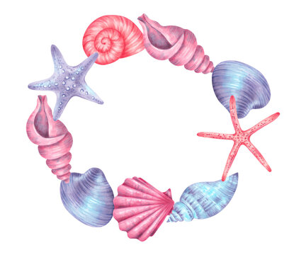 Watercolor round frame with starfish and shells in pink and blue shades. Hand drawn illustration of marine underwater creatures for cards, invitations, packaging, childrens design and decor