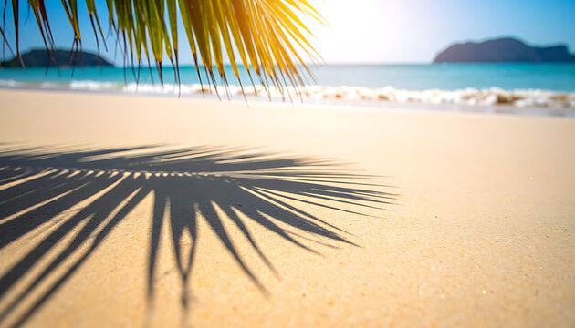 Sandy tropical beach with palm leaf shadow and gentle waves under bright sunlight, vacation and travel concept