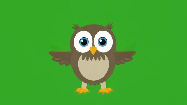 Cute cartoon owl character with wide eyes isolated on a bright green screen chroma key background.