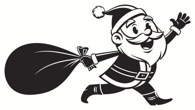 Black and white illustration of santa claus running with a sack isolated on white background