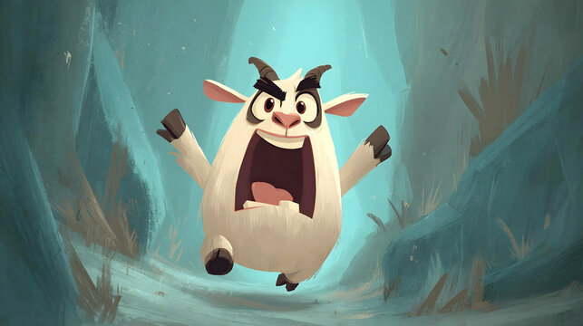 a panicked, fluffy cartoon goat charges forward with an enormous open mouth and frantic eyes, running through a misty, stylized blue canyon