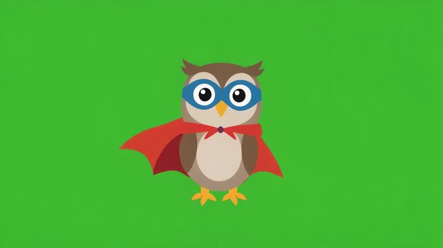 Cute cartoon owl wearing a superhero mask and a red cape on a green screen chroma key background.