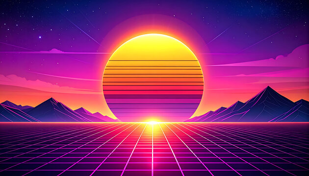 Retro pixelated sunset over a digital grid landscape, vibrant synthwave atmosphere, 80s style nostalgia
