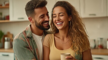 Fototapeta premium Two people smile and chat in the kitchen, creating an atmosphere of comfort and warmth. A young couple enjoys a moment together, holding a mug in their hands, in a modern kitchen.