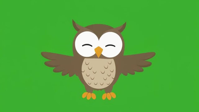 Cute cartoon owl illustration with wings spread wide against a solid green screen chroma key background.