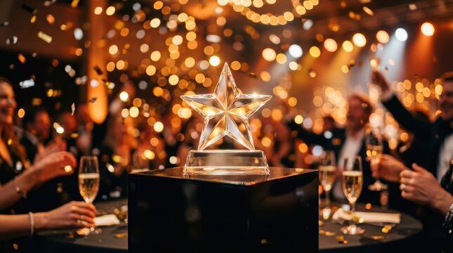 Glass star award positioned on black plinth surrounded by guests toasting and confetti at celebratory gala event