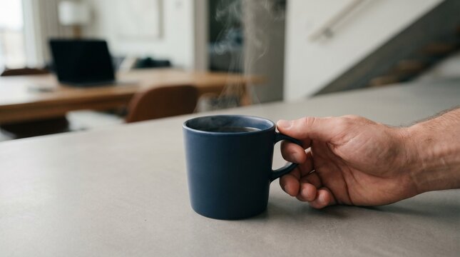 Close up of a man's hand holding a steaming blue ceramic mug of coffee on a concrete countertop in a modern home office setting.