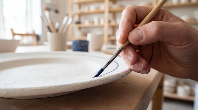 Close-up of an artist's hand painting a blue circular line on a white ceramic plate with a fine brush in a pottery studio