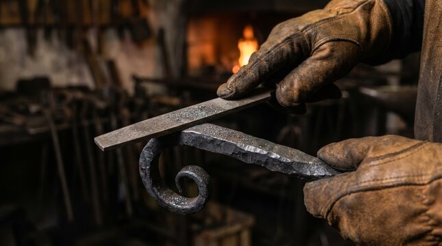 Blacksmith using a metal file to finish a decorative forged iron scroll in a traditional workshop