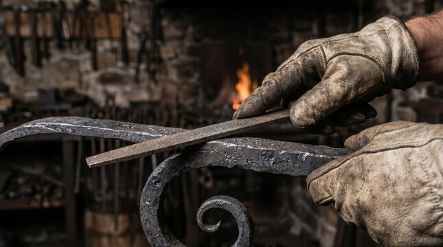 Blacksmith using a metal file to smooth a wrought iron scroll in a traditional forge workshop
