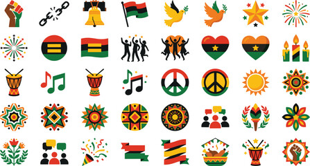 Juneteenth and Black History Month flat vector icon set, Pan-African celebration symbols with liberty bell, broken chain, drums, and peace signs © MDSAKIB