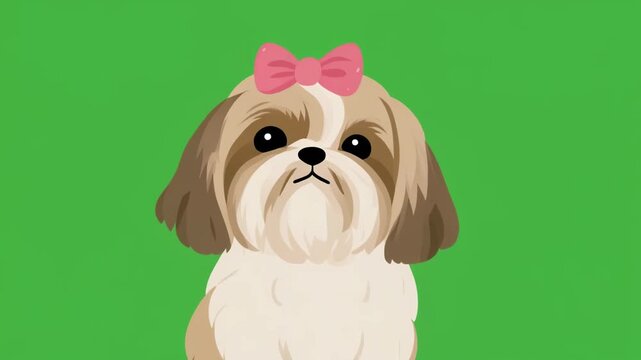 A cute cartoon illustration of a Shih Tzu dog with a pink bow on a green screen chroma key background.