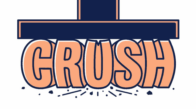 Vector illustration of the word CRUSH being compressed by a heavy industrial metal press machine on a white background