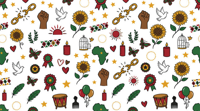 Juneteenth and Black History Month hand drawn seamless pattern background with raised fist, broken chains, sunflowers, and Pan-African symbols