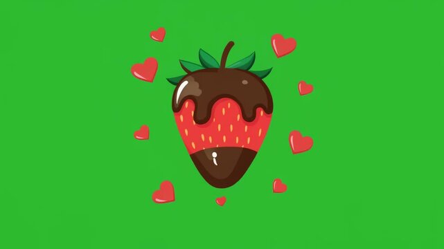 Cute cartoon strawberry dipped in dark chocolate surrounded by small red hearts on green screen chroma key background.