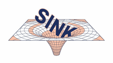 Obraz premium Word Sink written in dark blue typography over a peach colored grid representing a gravitational singularity or black hole in vector style