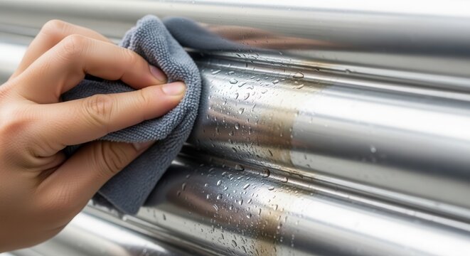 Close-up of a hand cleaning shiny metal bars with a cloth.