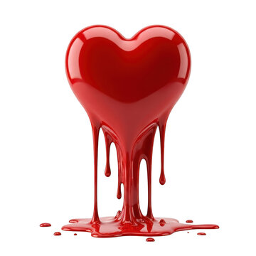 3d render of a glossy red heart melting and dripping onto a surface isolated on transparent background