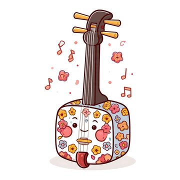 Cute cartoon illustration of a smiling face with musical notes and flowers.