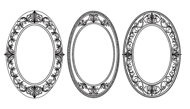 Set of three ornate oval frames with decorative borders in black and white, vintage filigree elements, classic design