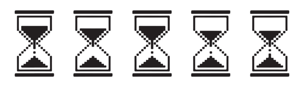 Pixel art hourglass icons showing sand falling sequence for classic computer interface waiting bar.