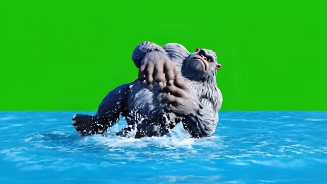 Funny Bigfoot Character Swimming and Splashing in Water on Green Screen.