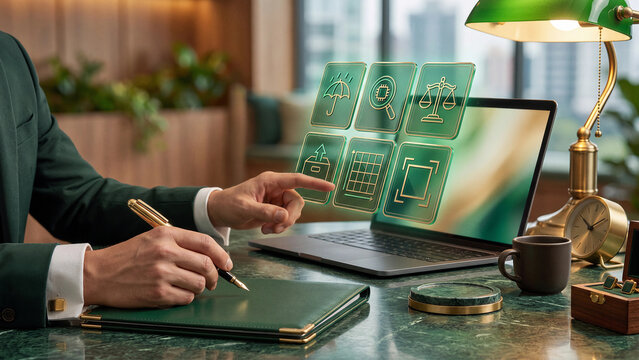 Overseeing Insurance Compliance and Legal Reporting with Green Finance RegTech Luxury Laptop Concept Dark Green Gold Cards Icons Umbrella Chip Scales Grid Upload Scan Marble