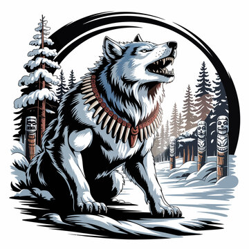 Wolf with open mouth and necklace.