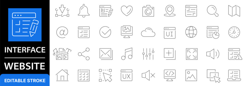 User interface and website line icon set. Web design elements, UI UX development, navigation and social media outline symbols. Editable stroke.
