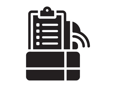 Clipboard with checklist on top of grey rounded rectangle box with lines  simple flat design