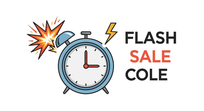 Flash Sale Concept Featuring An Alarm Clock Icon With Lightning Bolt And Explosion Effects.