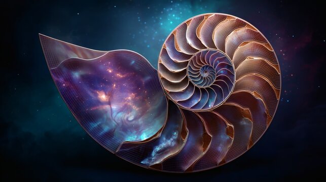 Cosmic Nautilus Shell with Spiral Pattern and Starry Galaxy Background