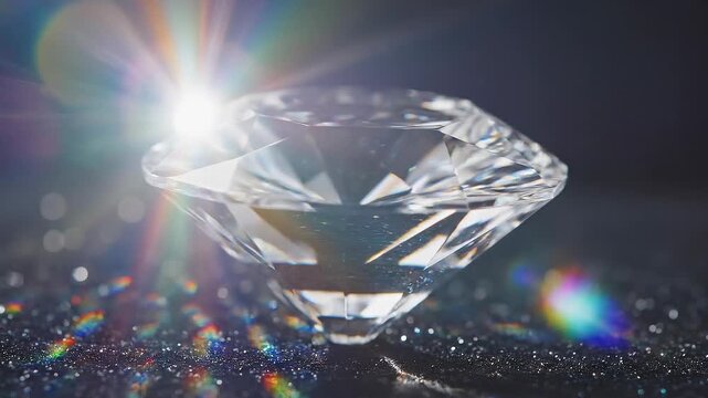 Close up of sparkling diamond gem with light reflections and colorful bokeh on dark surface