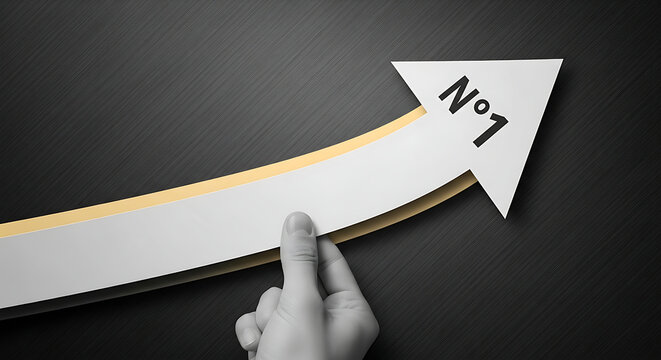 A hand positions a white arrow with 'N&deg;1' pointing upwards, symbolizing success, achievement, and reaching the top position against a dark background.