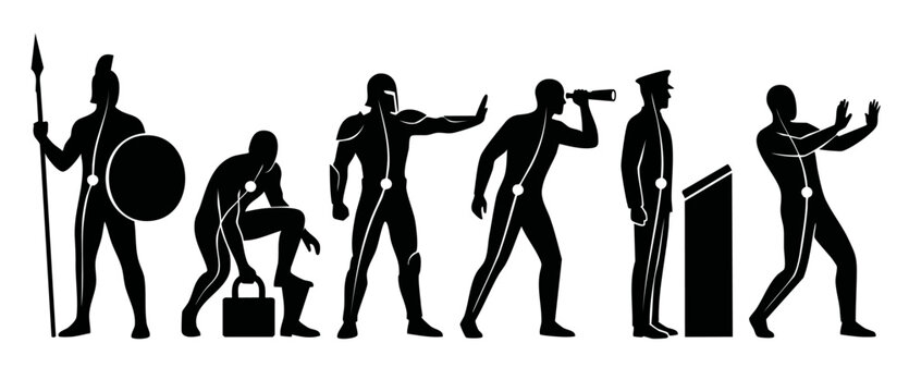 Human posture silhouette vector icon set presenting warrior protective guard evolution with spinal alignment indicators, clean line art flat design on white background for health biomechanics analysis