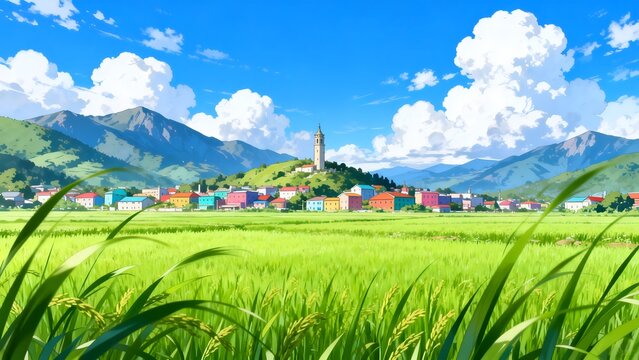 Colorful village in green landscape