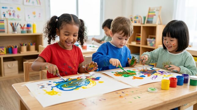 Happy Preschool Kids Engaged in Messy Art Class, Learning and Expressing Creativity