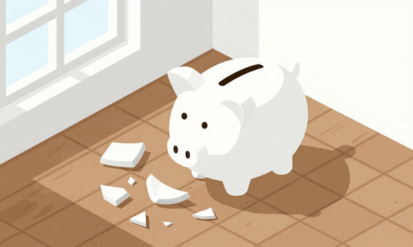 shot captures shattered remnants white piggy bank splayed across weathered wooden floor bathed soft morning light