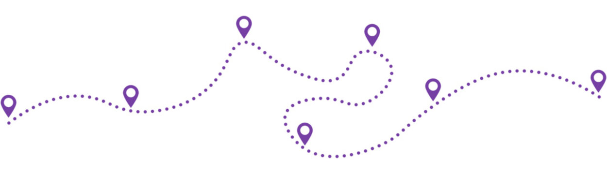 Purple dotted wavy line with location pins showing travel route, navigation mapping, journey progression, and destination planning