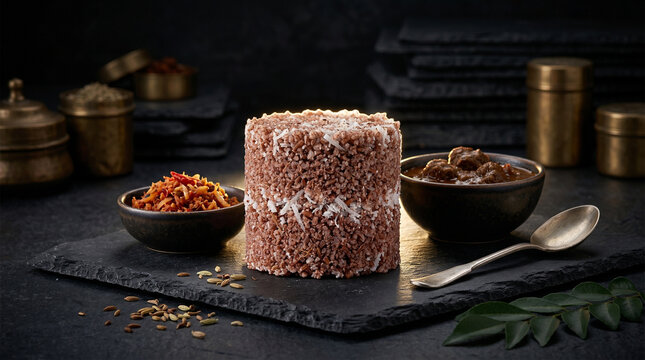 Traditional puttu made with red rice and coconut steamed cylinder breakfast traditional delicious