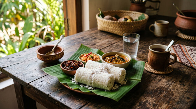 Kerala breakfast puttu served on banana leaf with curry and bowls of condiments breakfast homemade