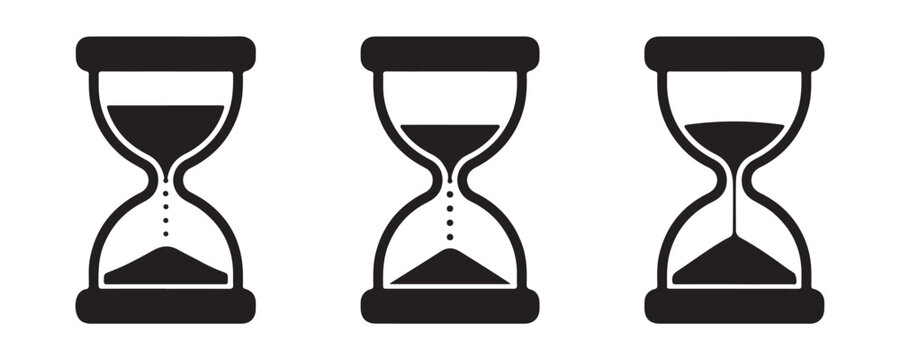 Set of hourglass icons showing time passing through sand hourglass illustrations for design.
