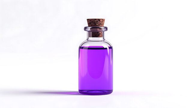 Small glass bottle with cork stopper filled with vibrant purple liquid, isolated on a bright white background with soft shadow