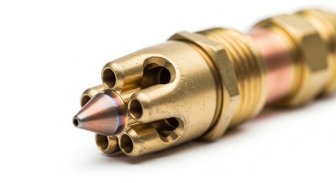 Close-up macro view of a brass gas cutting torch nozzle.