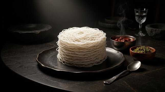 Stack of fresh white string hoppers on dark plate with breakfast traditional homemade vegetarian