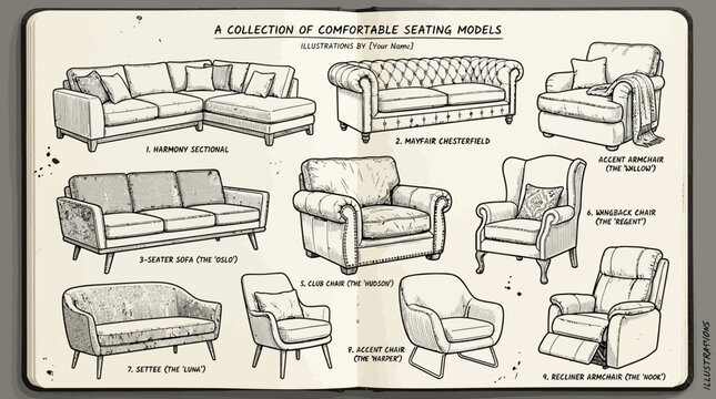 Hand-drawn sketches of various sofa and armchair seating models.