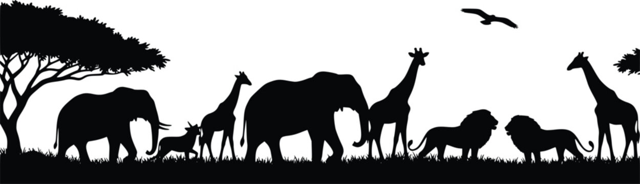 African Safari Silhouette Elephant, Giraffe, Lions, and Wildlife Landscape