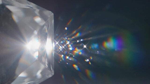 Close up of a prism creating colorful rainbow light reflections on a dark background